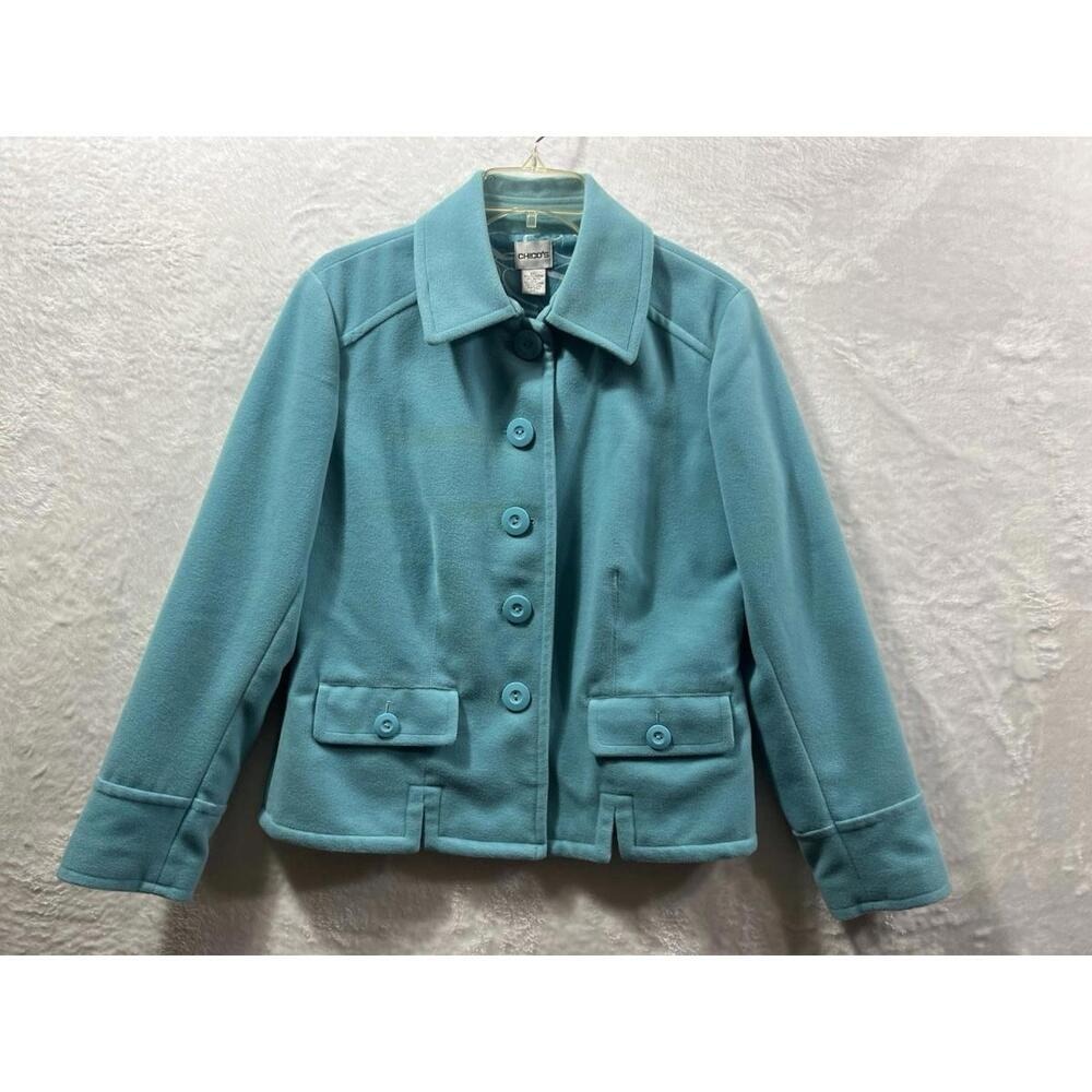 Chico's Size 1 Teal Button Front‎ Short Jacket Fleece Lined Dress Coat